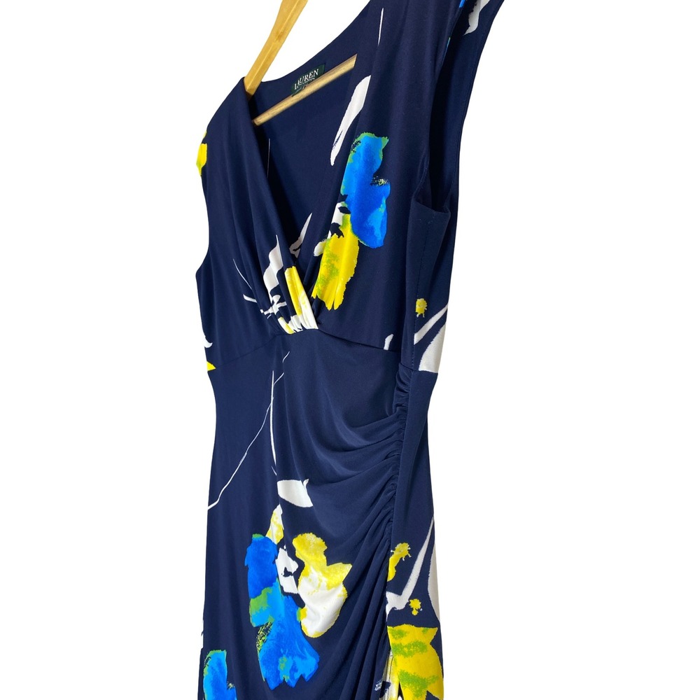 Lauren Ralph Lauren Floral Ruched Sheath‎ Dress Navy Classic Wrap Work Size 10 - Picture 5 of 11